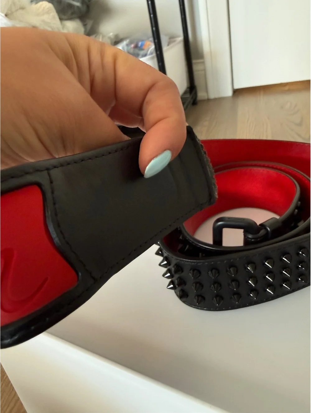 Christian Louboutin 110/44 Men's Black and Red Leather Studded Belt
